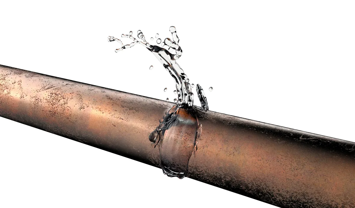 Pinhole leak spraying from a copper pipe, from our Coto de Caza guide: When Coto de Caza Needs Leak Detection