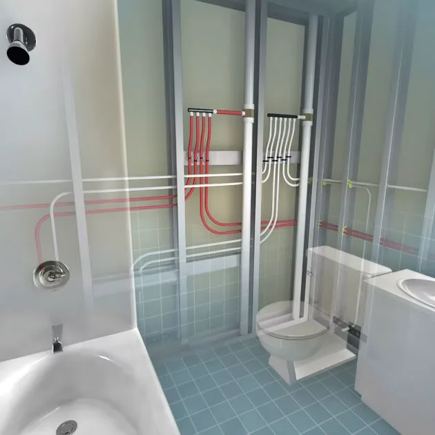 Cutaway diagram of PEX hot and cold lines feeding a bathroom, from our Coto de Caza guide: Shower Valve Replacement