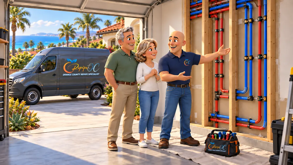 Illustration of a repipe walkthrough at an open garage wall with PEX lines – Water Line Size for Large Coto de Caza Homes for Coto de Caza, CA homes
